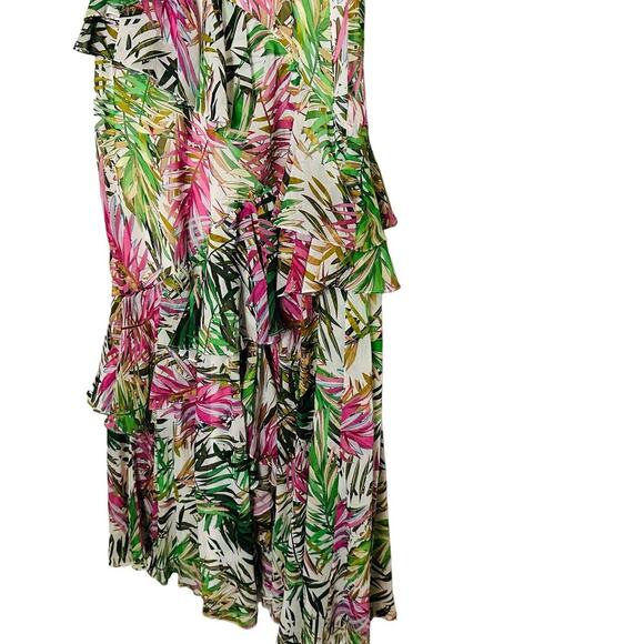Badgley Mischka Palm Print Ruffle Pink Green Maxi Dress Size 4 - Picture 10 of 16